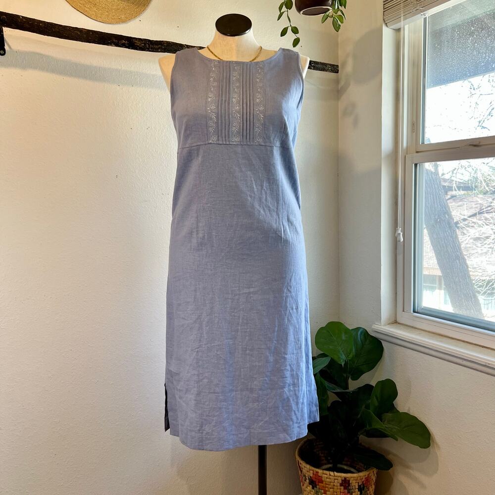 Amanda Smith 90s Blue Linen Sleeveless Midi Dress Floral Embroidered Size 12